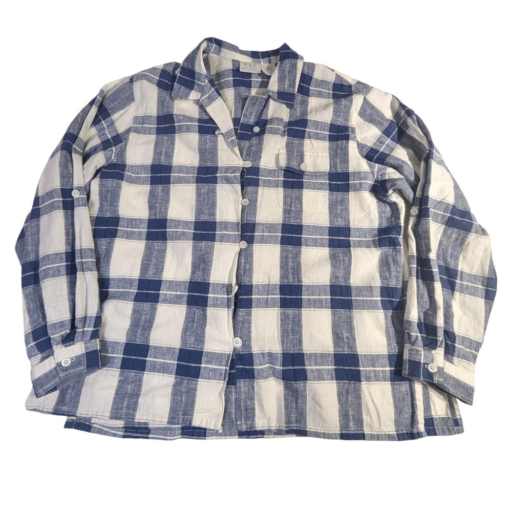 Cricket Lane Collection Linen Shirt – XL Blue Plaid Roll Tab READ